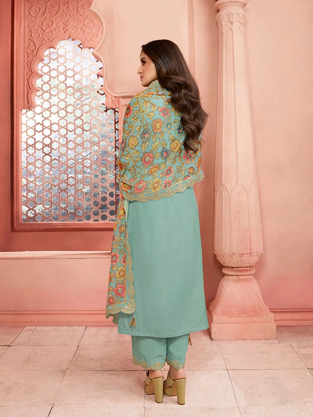 Turquoise Yoke design with cording embroidery Kurta Suit Set by Qivii