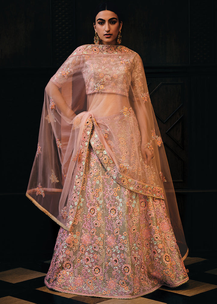 Shades Of Pink & Purple Heavy Embroidered Net Lehenga Choli  - By Qivii