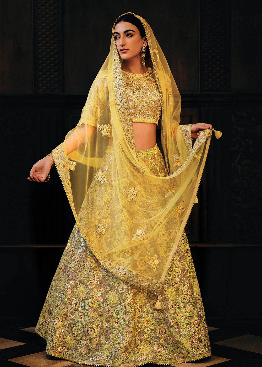 Shades Of Yellow Heavy Embroidered Net Lehenga Choli  - By Qivii