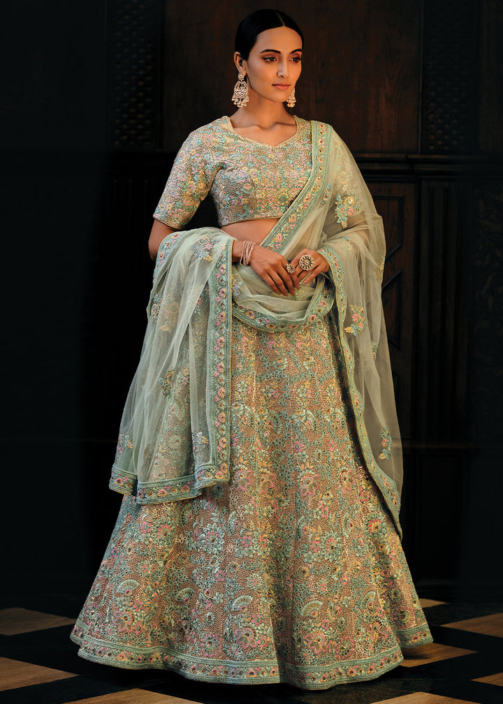 Shades Of Blue Heavy Embroidered Net Lehenga Choli  - By Qivii