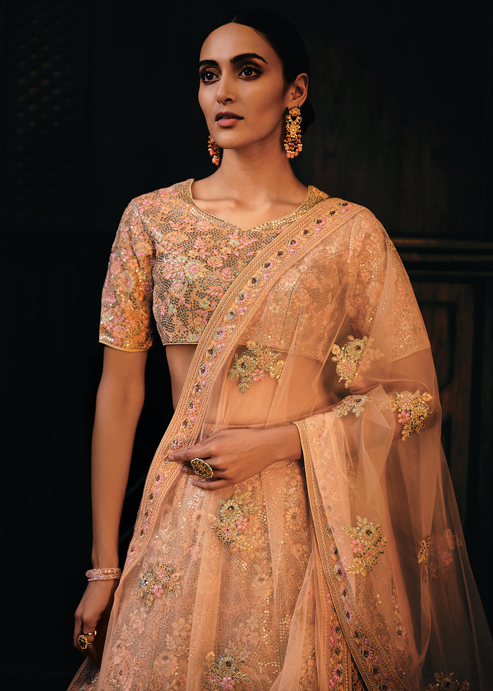 Shades Of Pink & Orange Heavy Embroidered Net Lehenga Choli  - By Qivii - qivii