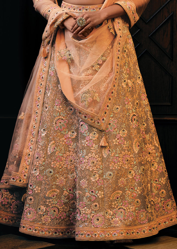 Shades Of Pink & Orange Heavy Embroidered Net Lehenga Choli  - By Qivii - qivii