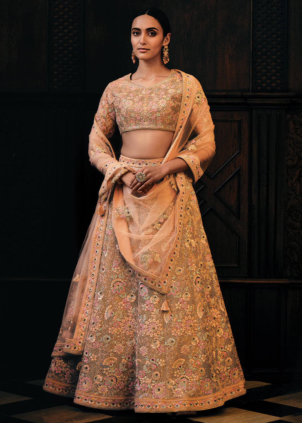 Shades Of Pink & Orange Heavy Embroidered Net Lehenga Choli  - By Qivii - qivii