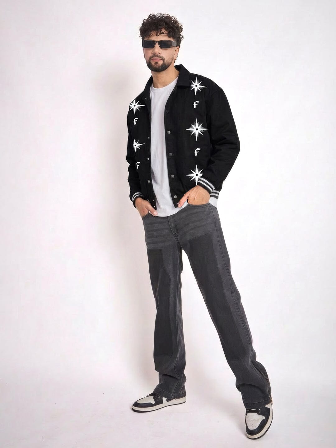 Black Twill Applique Bomber Jacket