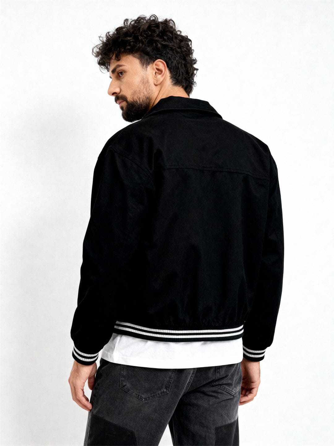 Black Twill Applique Bomber Jacket