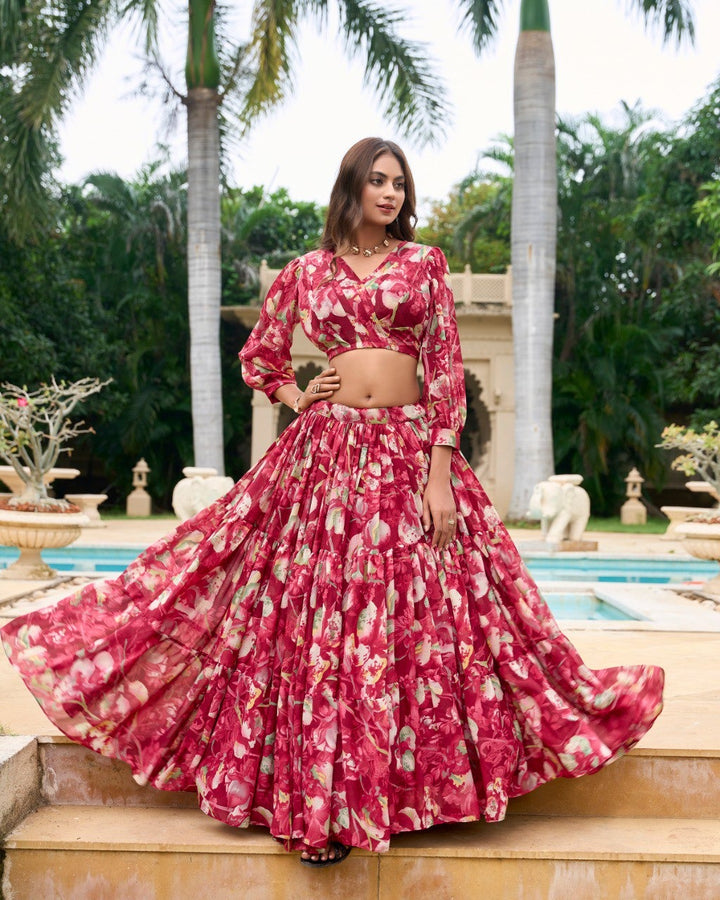 Maroon Georgette Chex Floral Print Lehenga