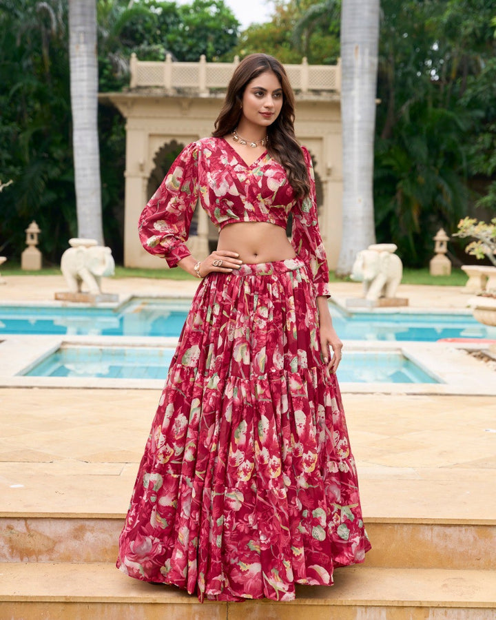 Maroon Georgette Chex Floral Print Lehenga