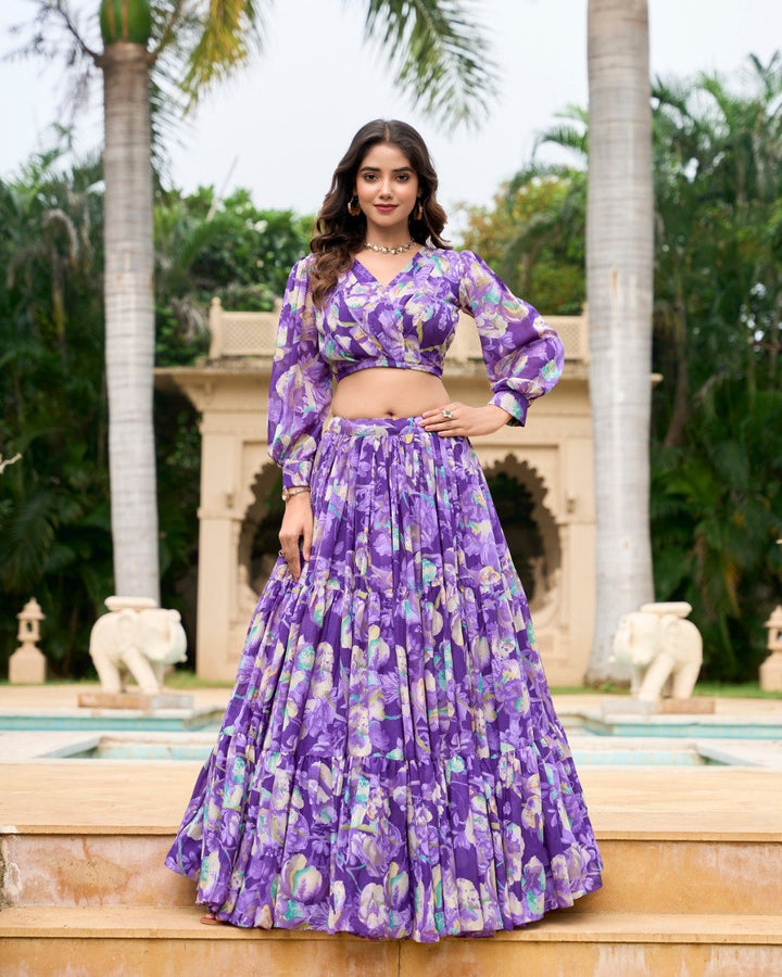 Purple Georgette Chex Floral Print Lehenga