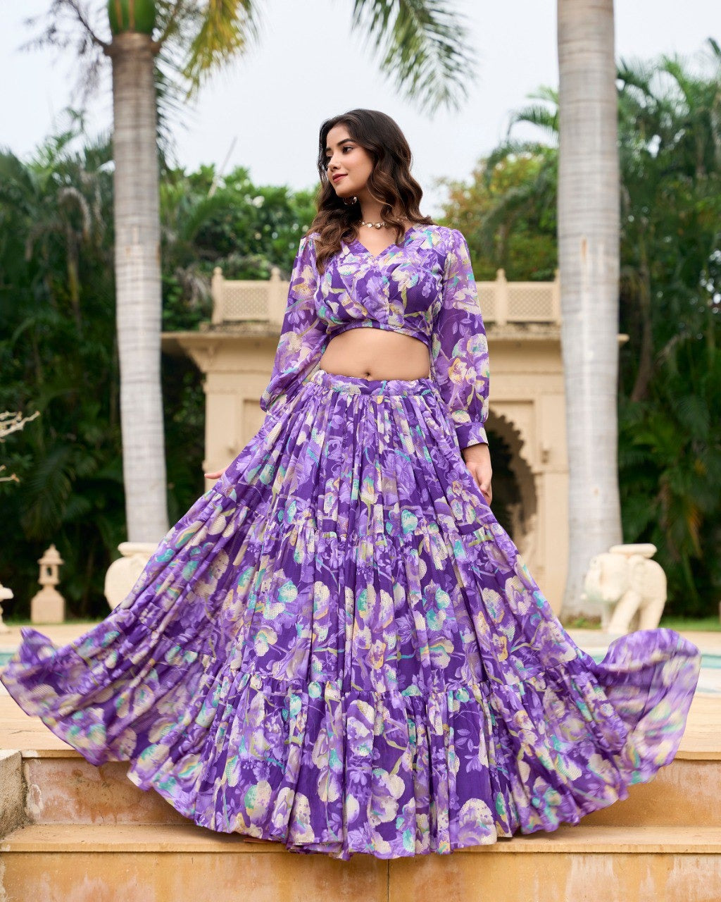 Purple Georgette Chex Floral Print Lehenga