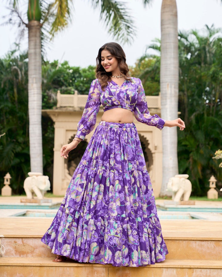 Purple Georgette Chex Floral Print Lehenga