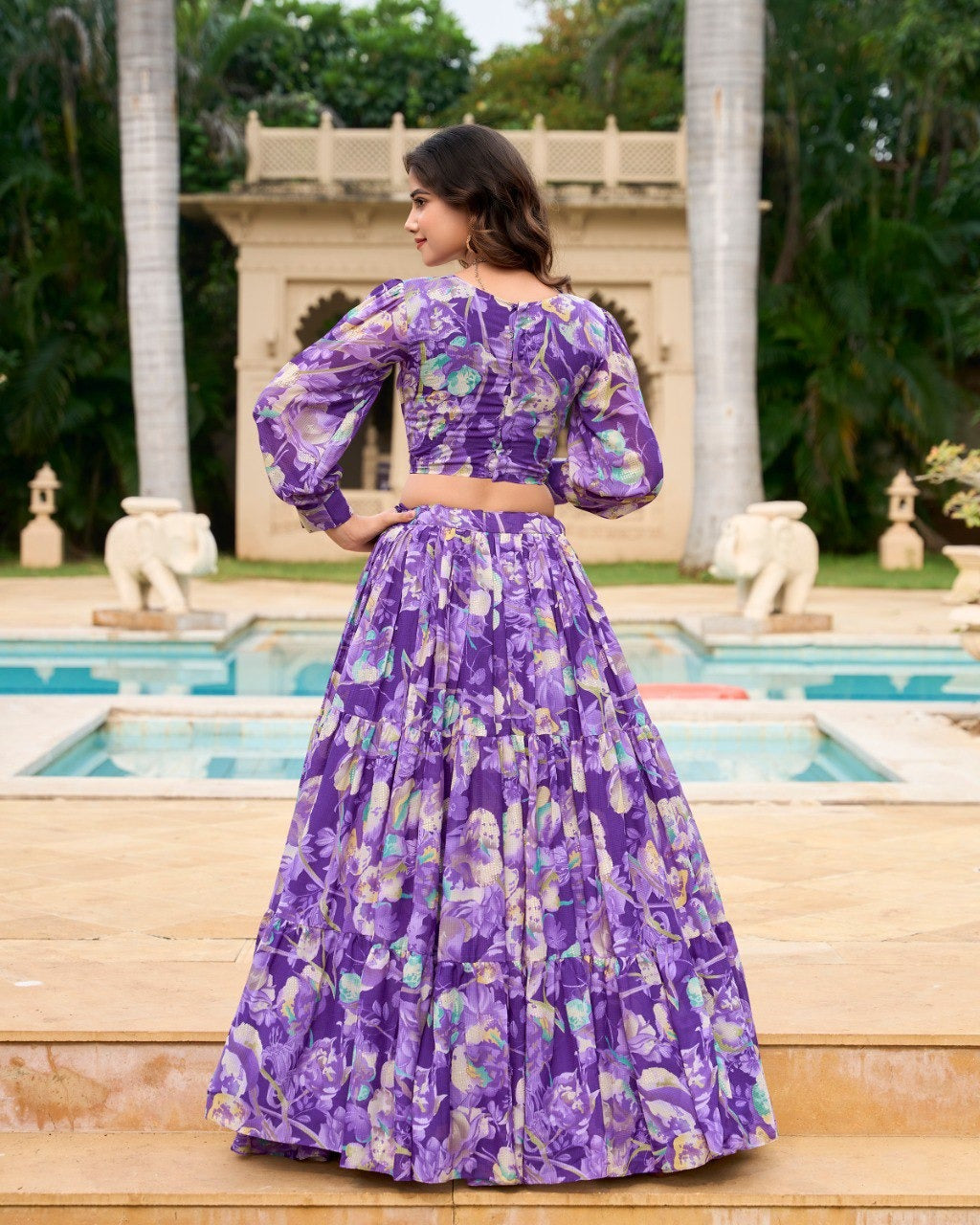 Purple Georgette Chex Floral Print Lehenga