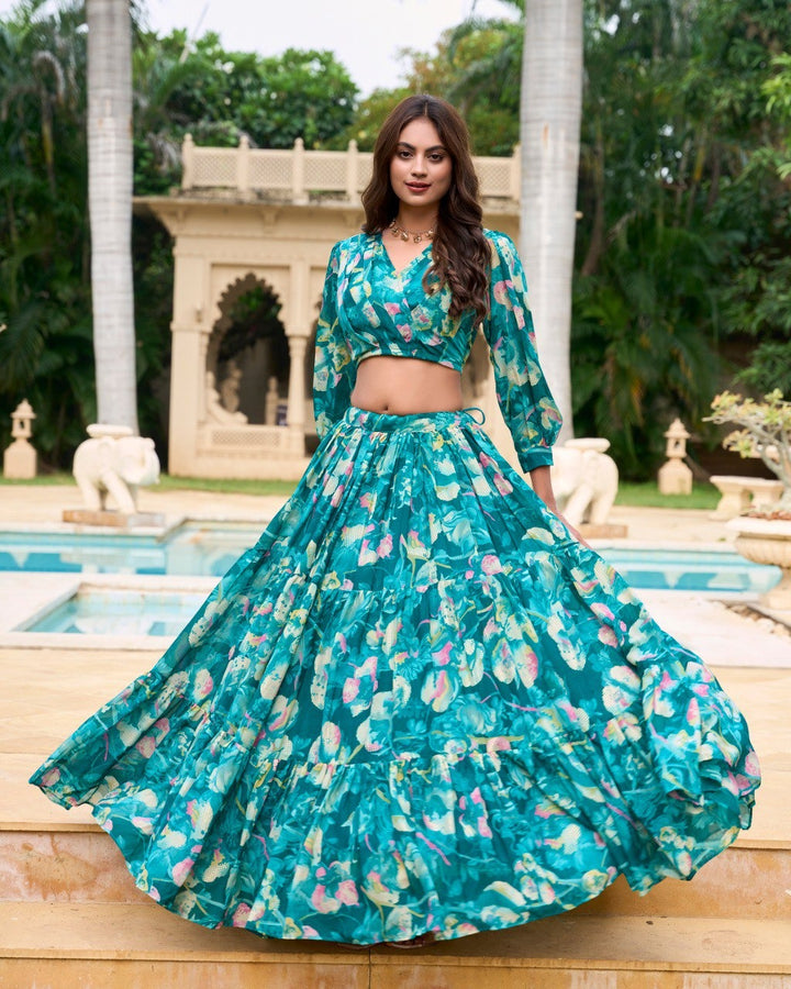 Teal Georgette Chex Floral Print Lehenga