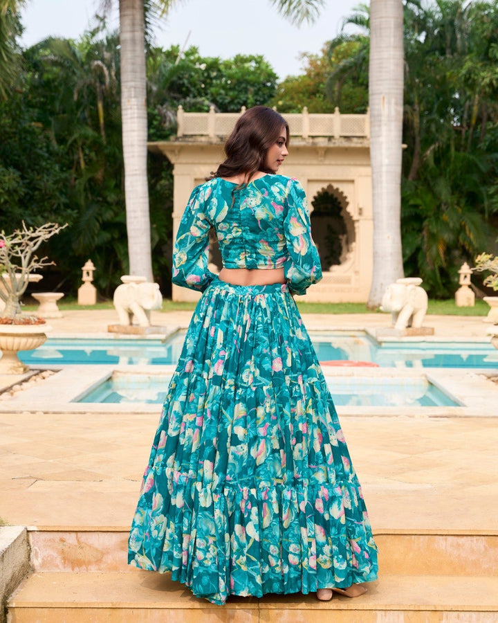 Teal Georgette Chex Floral Print Lehenga