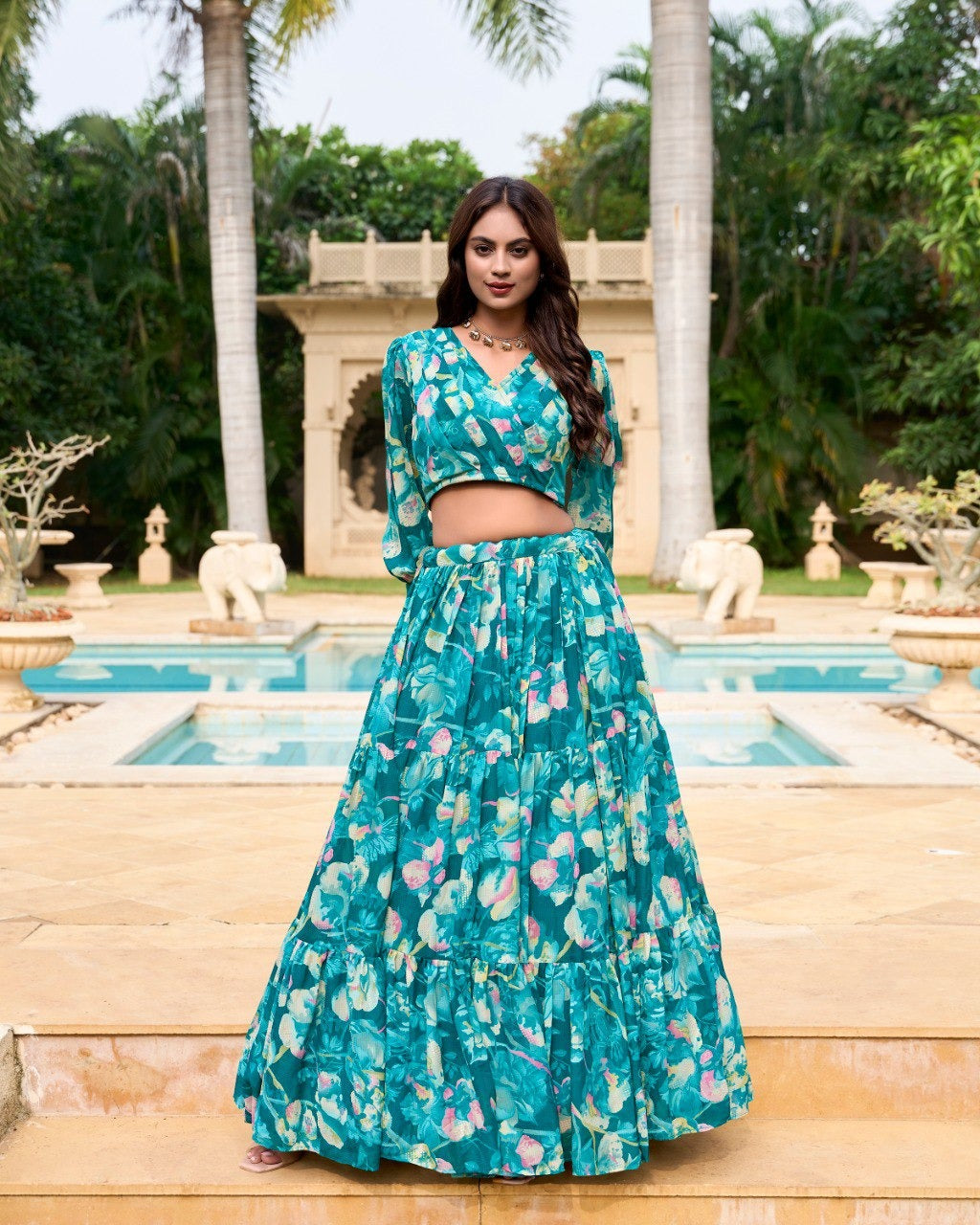 Teal Georgette Chex Floral Print Lehenga