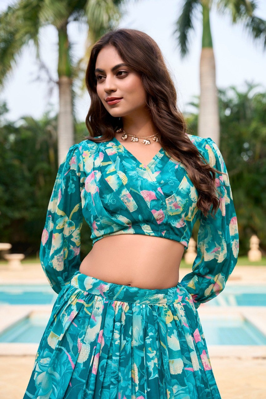 Teal Georgette Chex Floral Print Lehenga