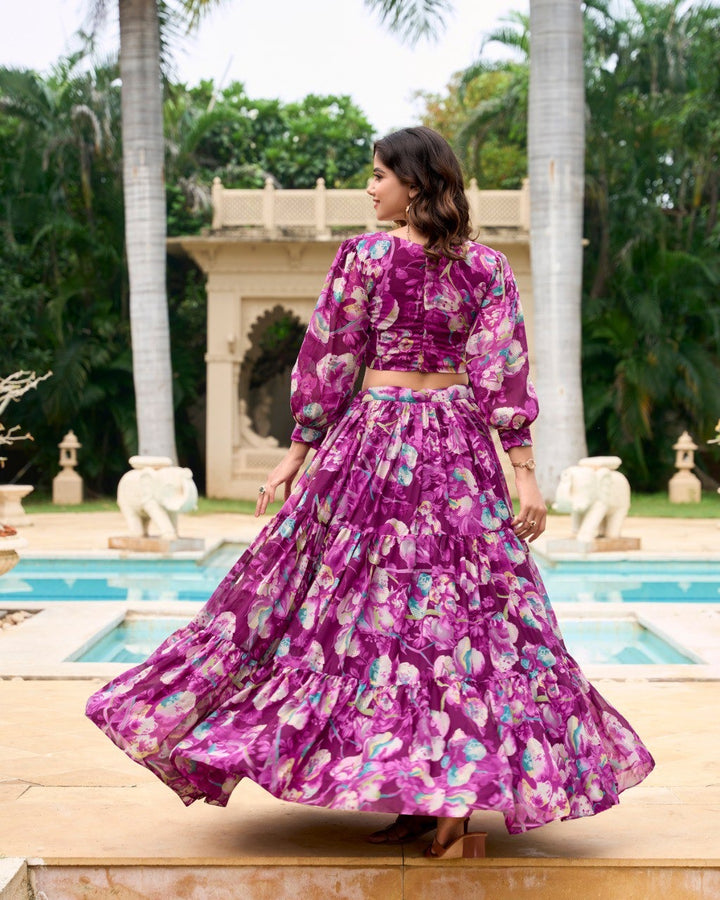 Wine Georgette Chex Floral Print Lehenga