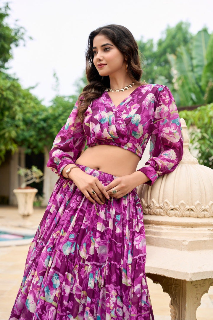 Wine Georgette Chex Floral Print Lehenga