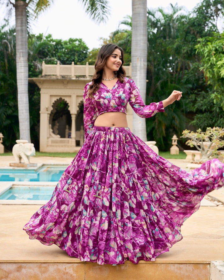 Wine Georgette Chex Floral Print Lehenga