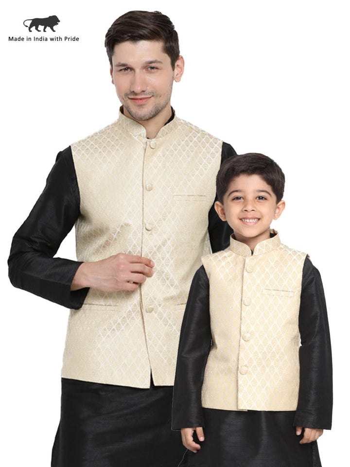 Vastramay Silk Blend Cream and Zari Gold Baap Beta Ethnic Jacket