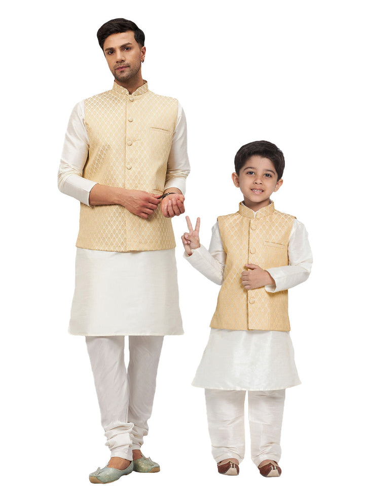 VASTRAMAY Cream Woven Jacket With White Kurta Pyjama Baap Beta Set