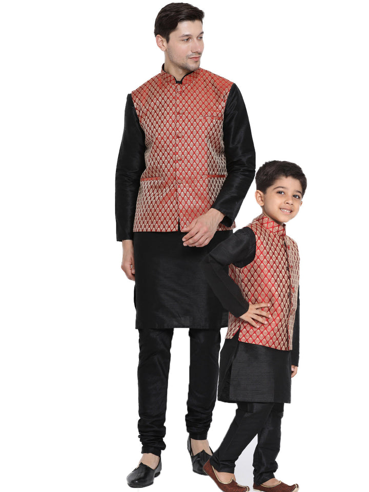 Vastramay Black And Maroon Color Silk Blend Baap Beta Jacket Kurta Pyjama set