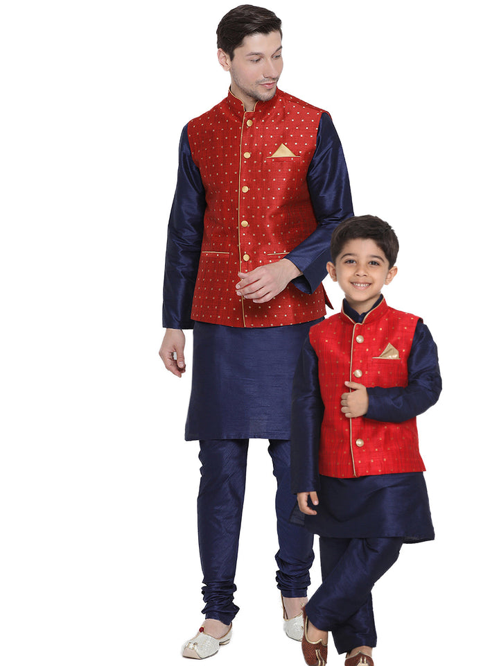 Vastramay Silk Blend Maroon and Navy Blue Baap Beta Jacket Kurta Pyjama set