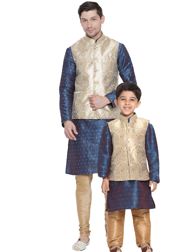 VASTRAMAY Silk Blend Rose Gold and Blue Baap Beta Jacket Kurta Pyjama set