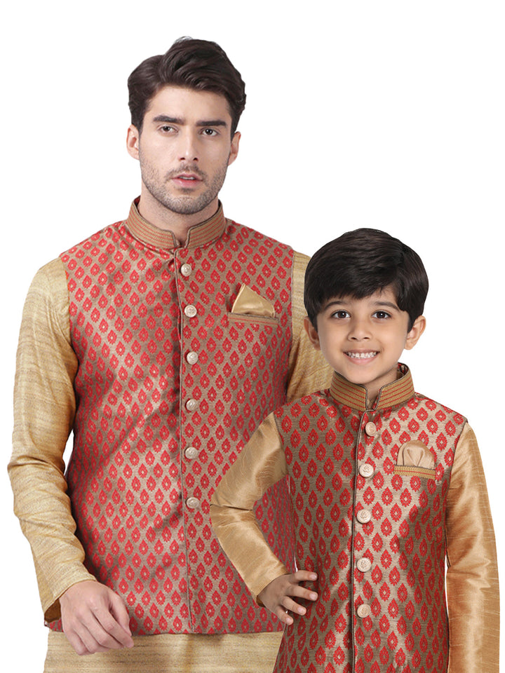 Vastramay Silk Blend Maroon And Gold Baap Beta Ethnic Jacket