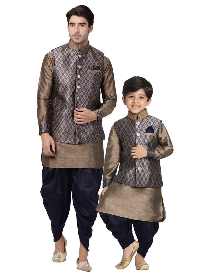 Vastramay Silk Blend Navy Blue and Gold Baap Beta Jacket Dhoti Kurta set