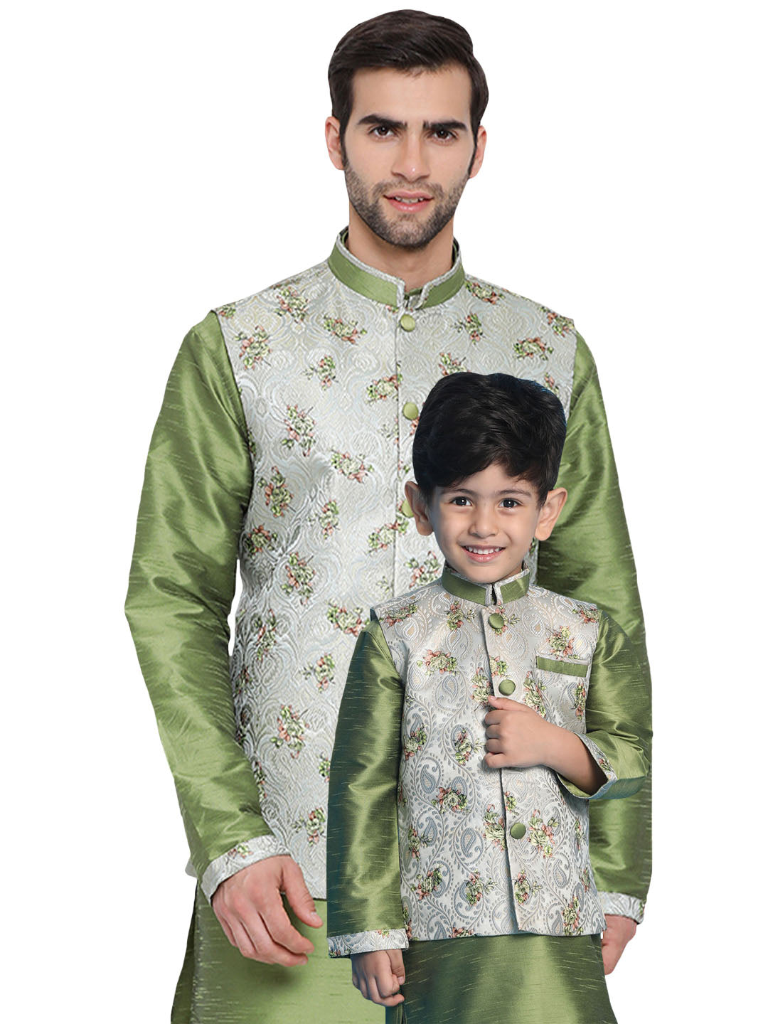 VASTRAMAY Baap Beta Silk Blend Green Jacket