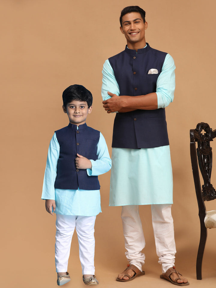 VASTRAMAY Navy Blue Silk Blend Jacket With Aqua Blue Kurta And White Pyjama Baap Beta Set