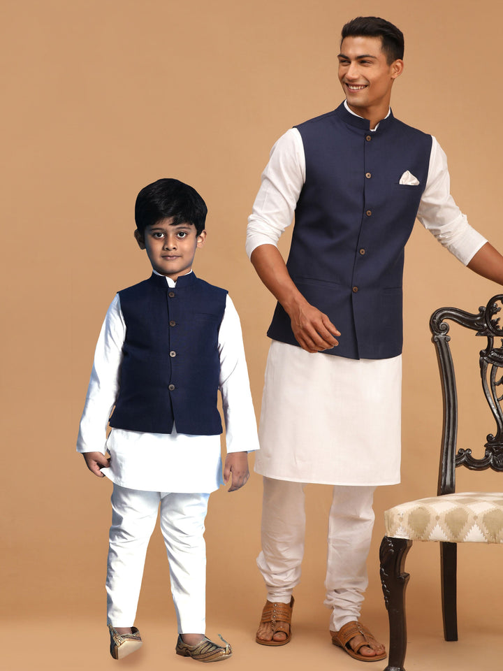 VASTRAMAY Navy Blue Silk Blend Jacket With White Kurta Pyjama Baap Beta Set