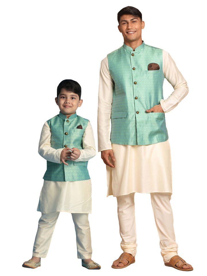 VASTRAMAY Green Woven Jacket With Cream Kurta and Pyjama Baap Beta Set