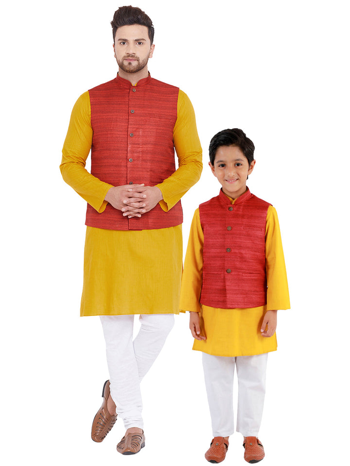 VASTRAMAY Maroon, Mustard And White Baap Beta Nehru Jacket Kurta Pyjama set