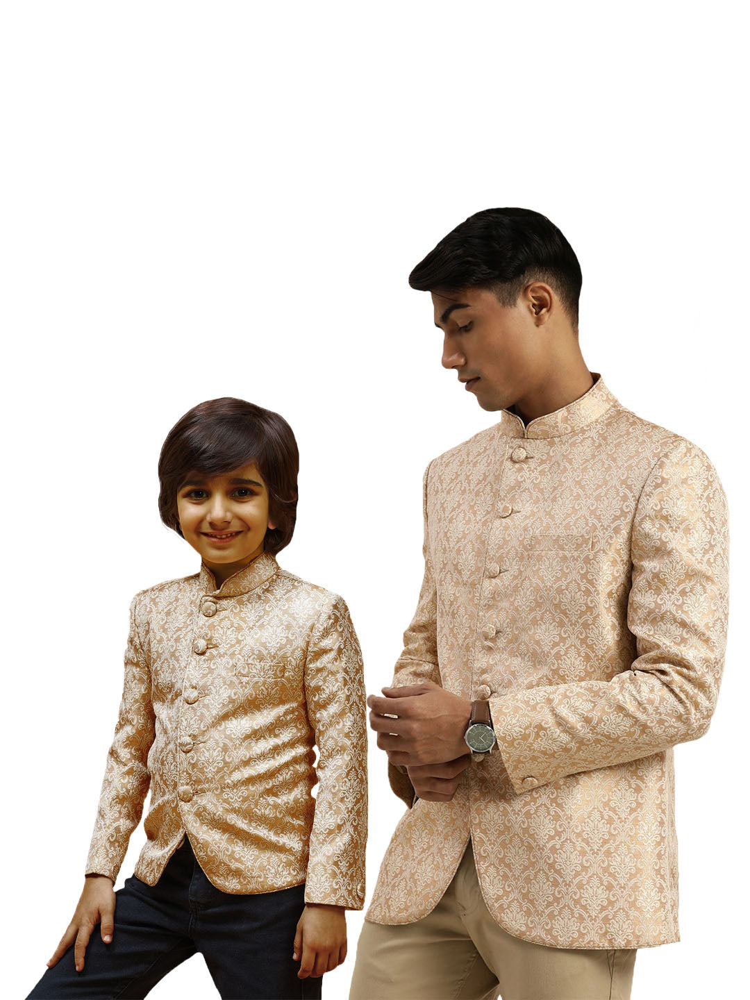 Exquisite VASTRAMAY Gold Banarasi Brocade Jodhpuri Bapp Beta Set with intricate detailing and traditional design