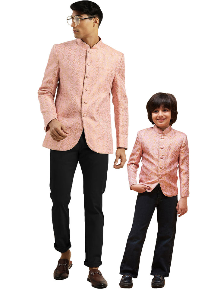 VASTRAMAY Pink Banarasi Brocade Jodhpuri Bapp Beta Set - Traditional Indian outfit for boys in elegant pink color with intricate brocade work