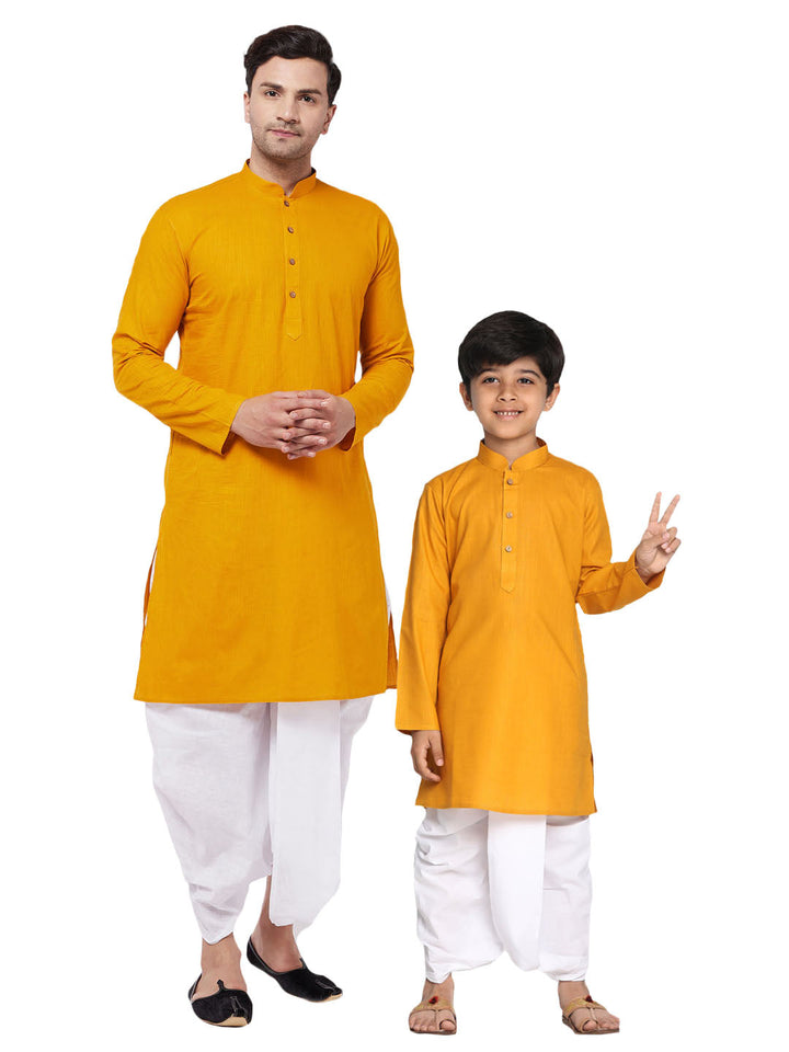 VASTRAMAY Mustard Cotton Baap Beta Kurta Dhoti Set