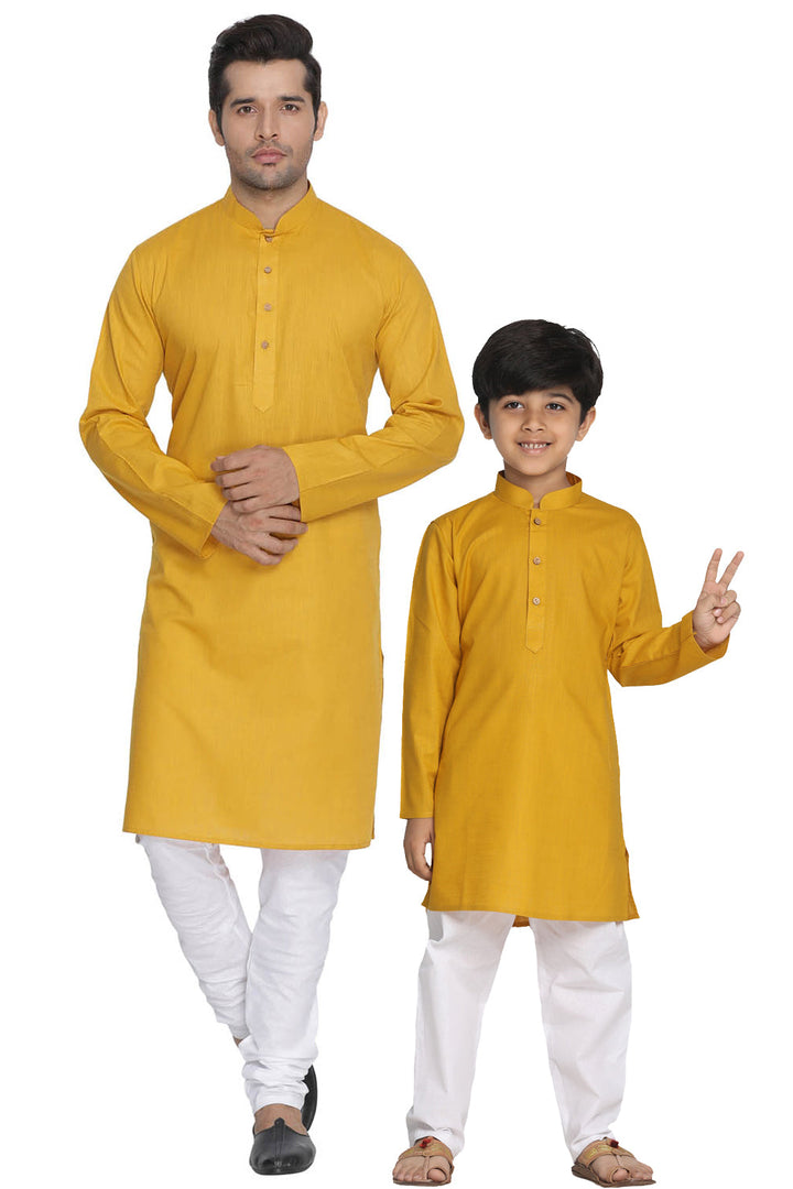 VASTRAMAY Mustard Cotton Baap Beta Kurta Pyjama Set