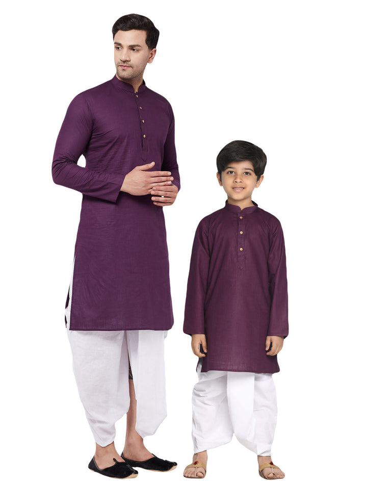 VASTRAMAY Purple Cotton Baap Beta Kurta Dhoti Set