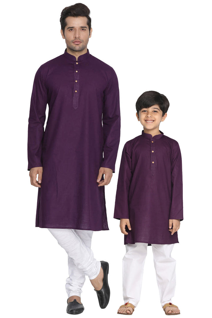 VASTRAMAY Purple Cotton Baap Beta Kurta Pyjama Set