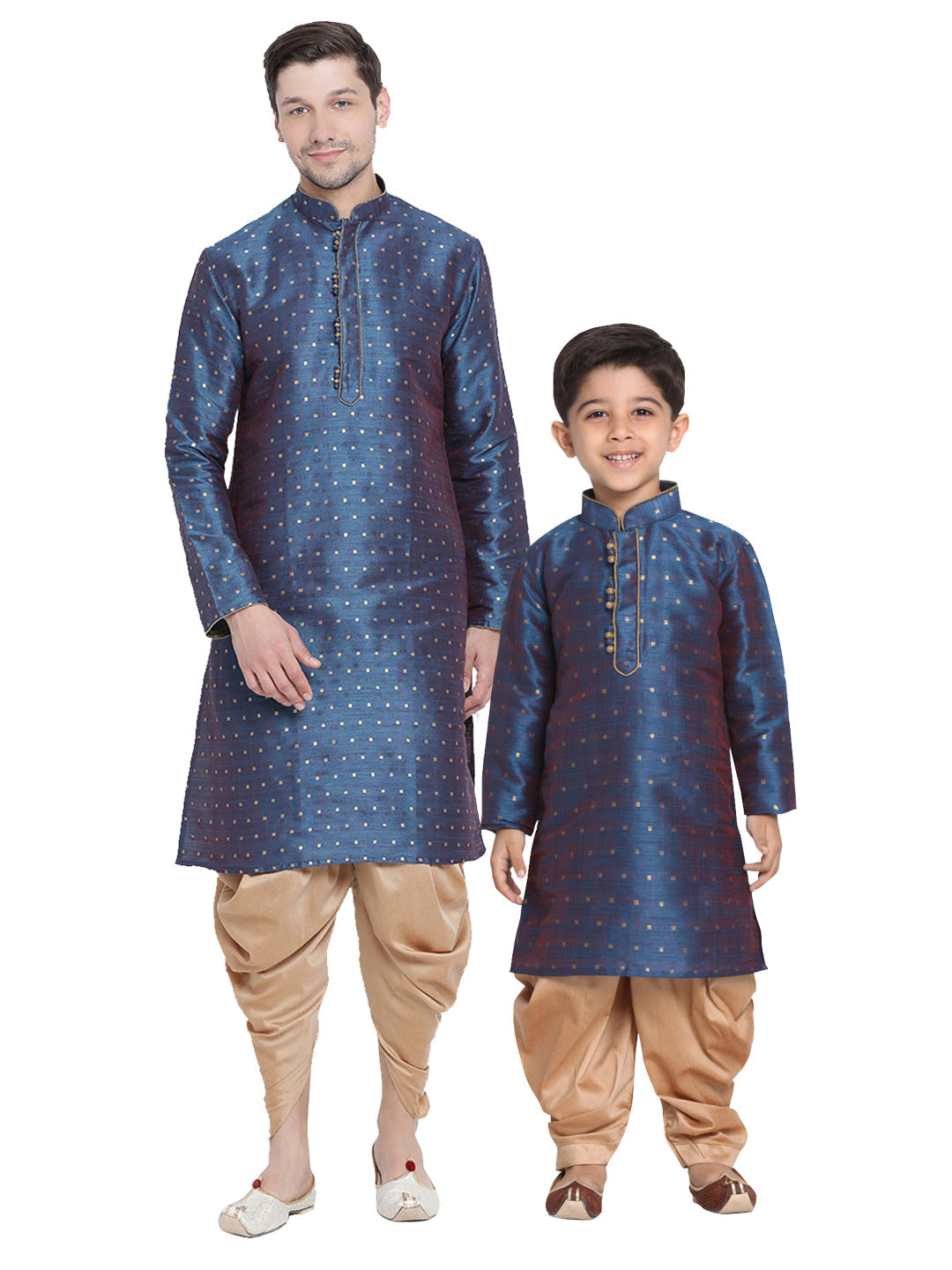 Vastramay Silk Blend Blue and Rose Gold Baap Beta Dhoti Kurta Set