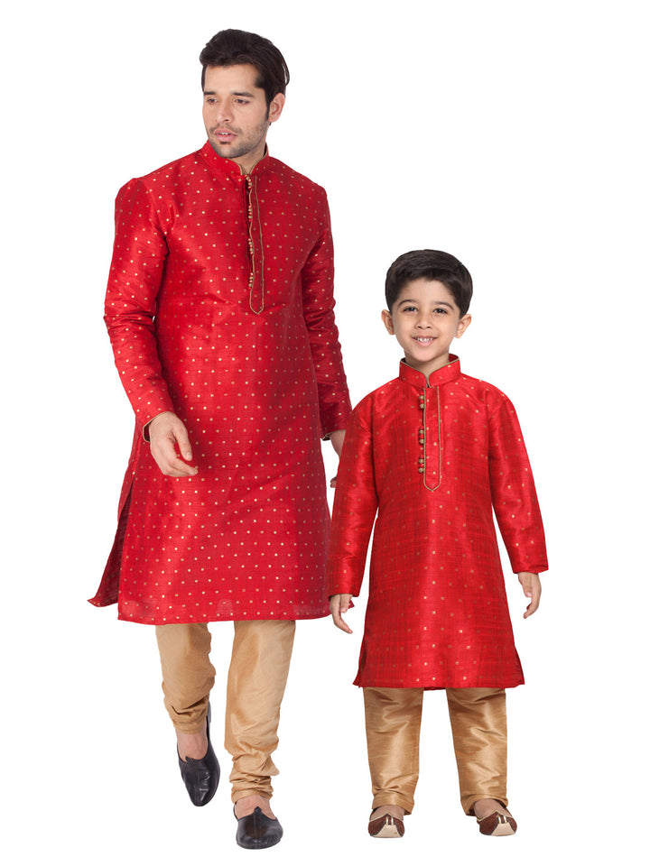 Vastramay Silk Blend Maroon and Rose Gold Baap Beta Kurta Pyjama set