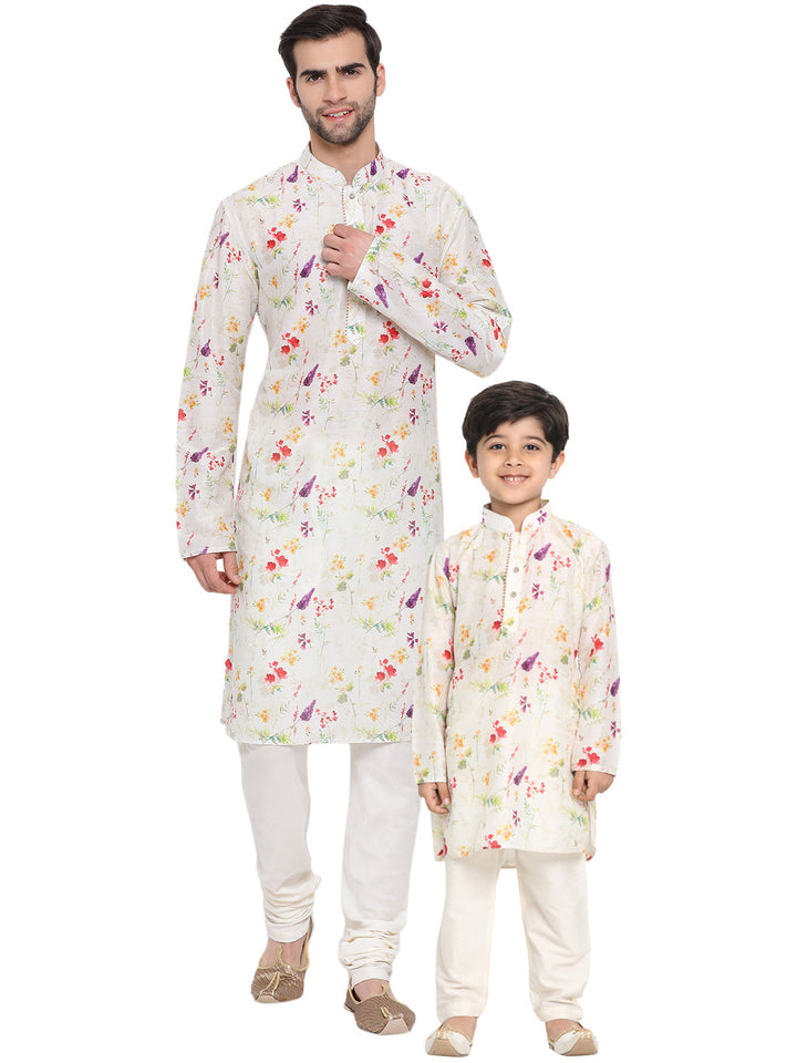 Vastramay Cotton Blend Multicolor-Base-Cream Baap Beta Kurta Pyjama Set