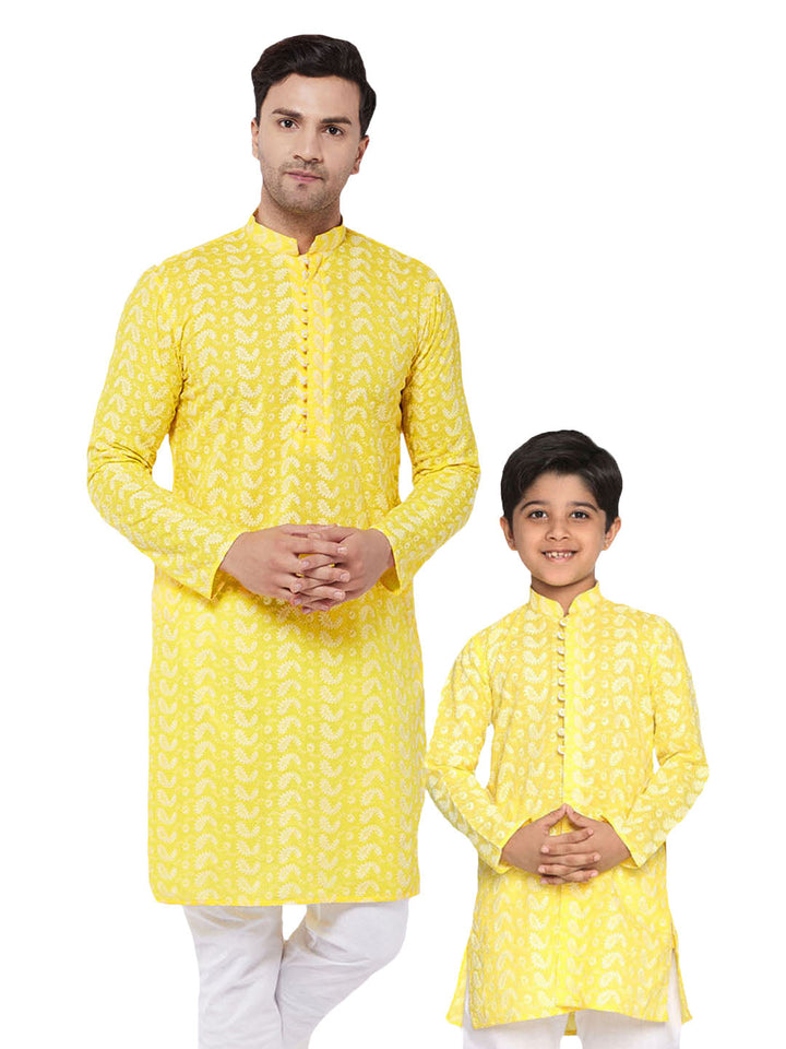 VASTRAMAY Mustard Pure Cotton Chikankari Kurta Baap Beta Set