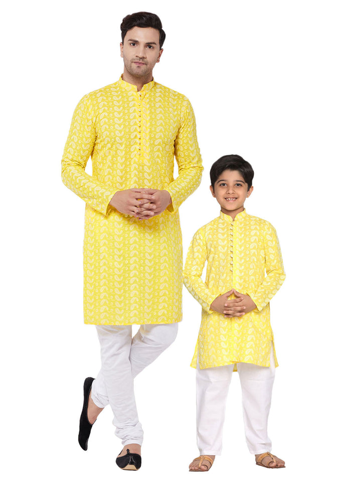 VASTRAMAY Mustard Pure Cotton Chikankari Kurta Pyjama Baap Beta