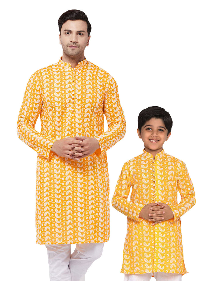 VASTRAMAY Orange Pure Cotton Chikankari Kurta Baap Beta Set