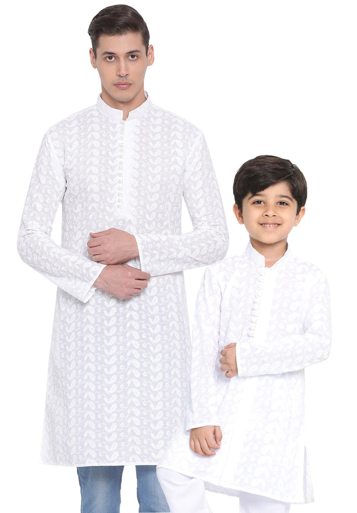 VASTRAMAY White Pure Cotton Chikankari Kurta Baap Beta Set