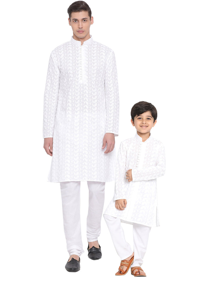 VASTRAMAY White Pure Cotton Chikankari Kurta Pyjama Baap Beta Set