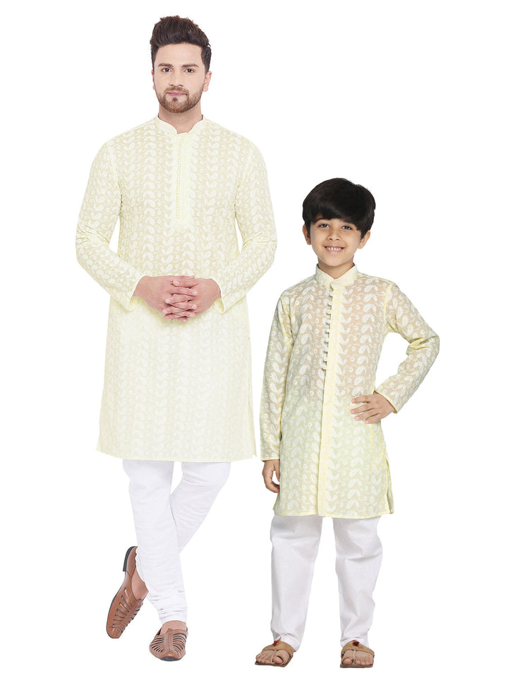 VASTRAMAY Yellow Pure Cotton Chikankari Kurta Pyjama Set