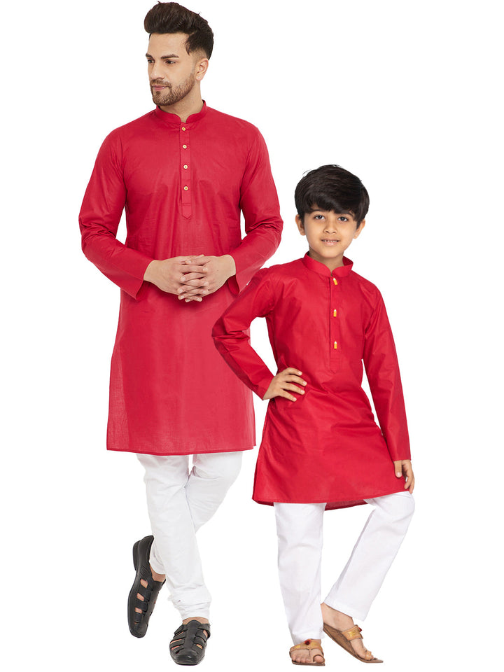 Vastramay Maroon And White Baap Beta Kurta And Pyjama Set